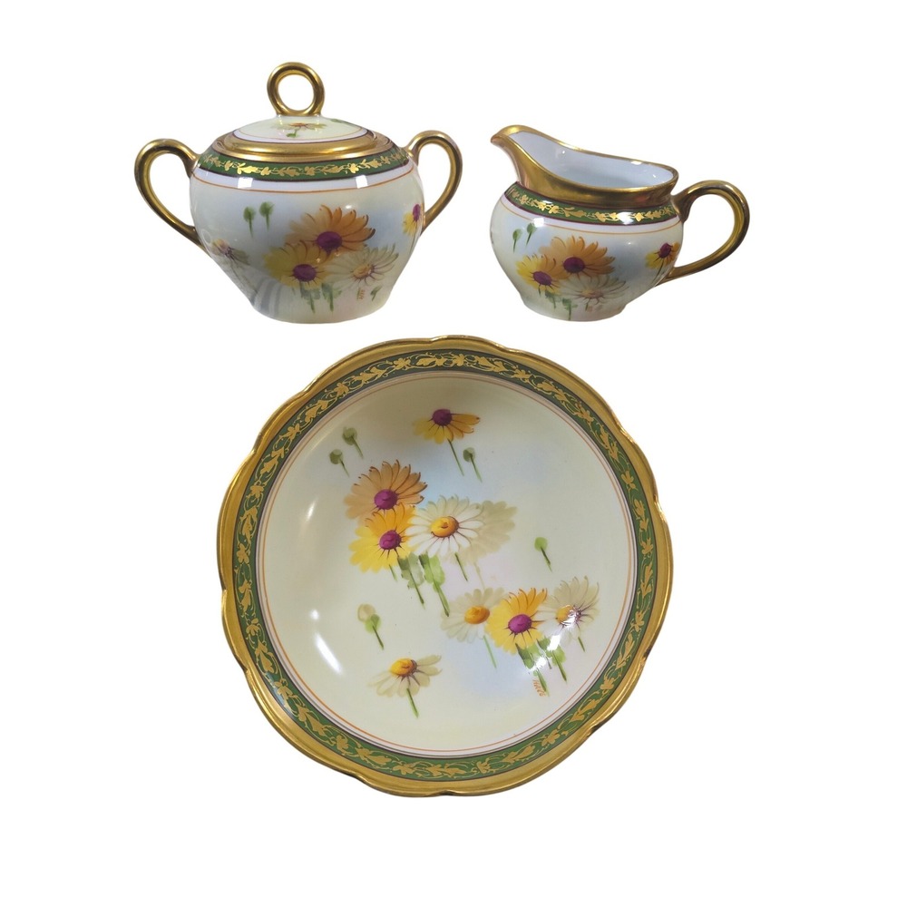 Pitkin & Brooks Studio Hand Painted Daisy Sugar Creamer Footed Bowl Bavaria Set‎